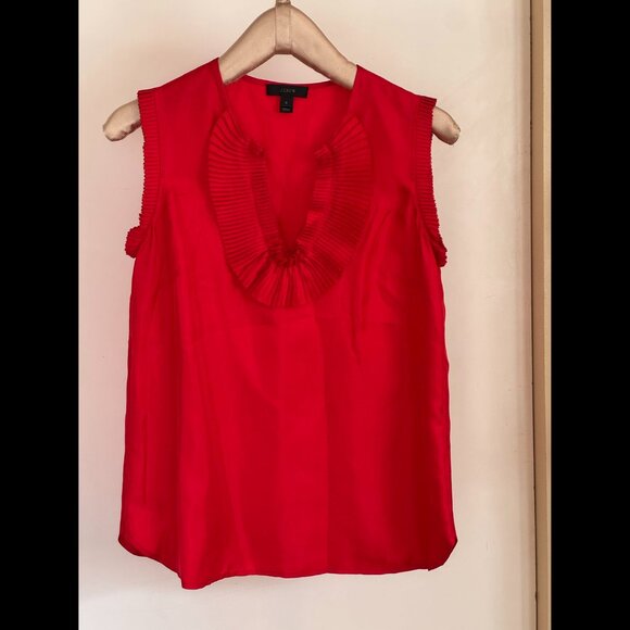 J Crew, Women’s 100% Silk Top, Pleated Collar Neckline, Red, Size 0 - Picture 1 of 4